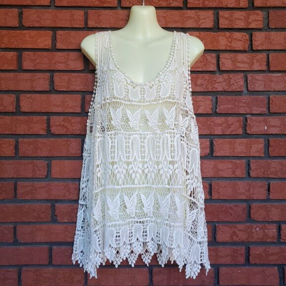 Soho Lady Y2K Crochet Tank Top Plus Size Cream Boho Butterflies Floral Festival - Picture 1 of 11